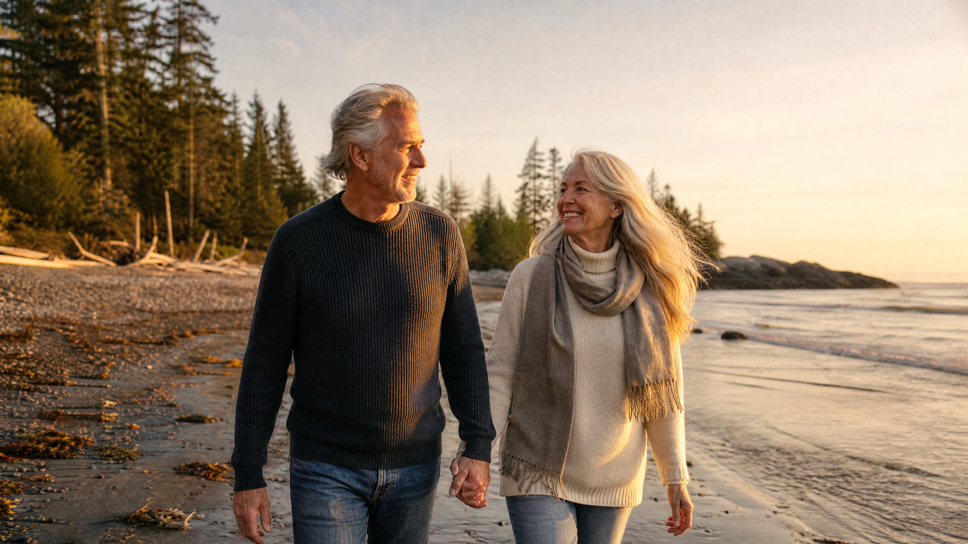 Couple walking hand in hand along a rocky beach at sunset, smiling with evergreen trees behind them