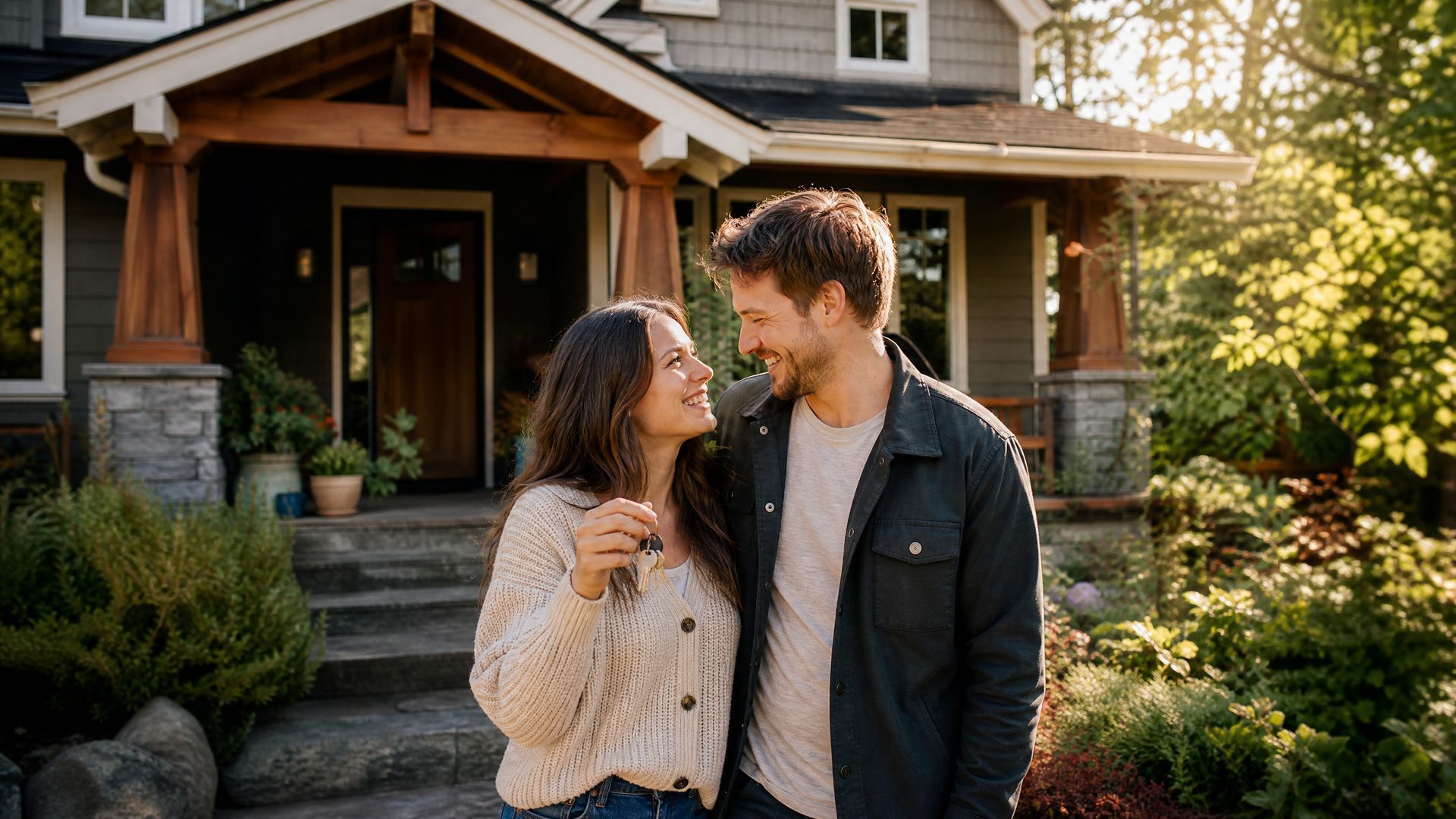 Couple smiling and embracing in front of a cozy house with a porch and garden.