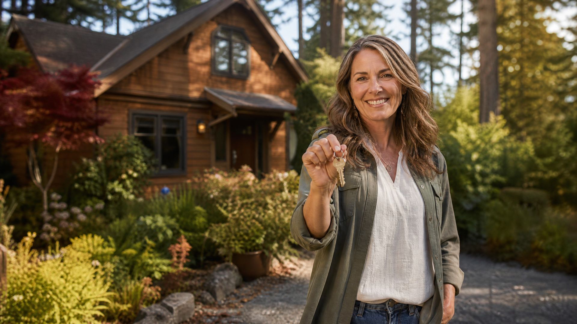 Smiling woman holding keys outside a rustic cabin in a sunlit garden