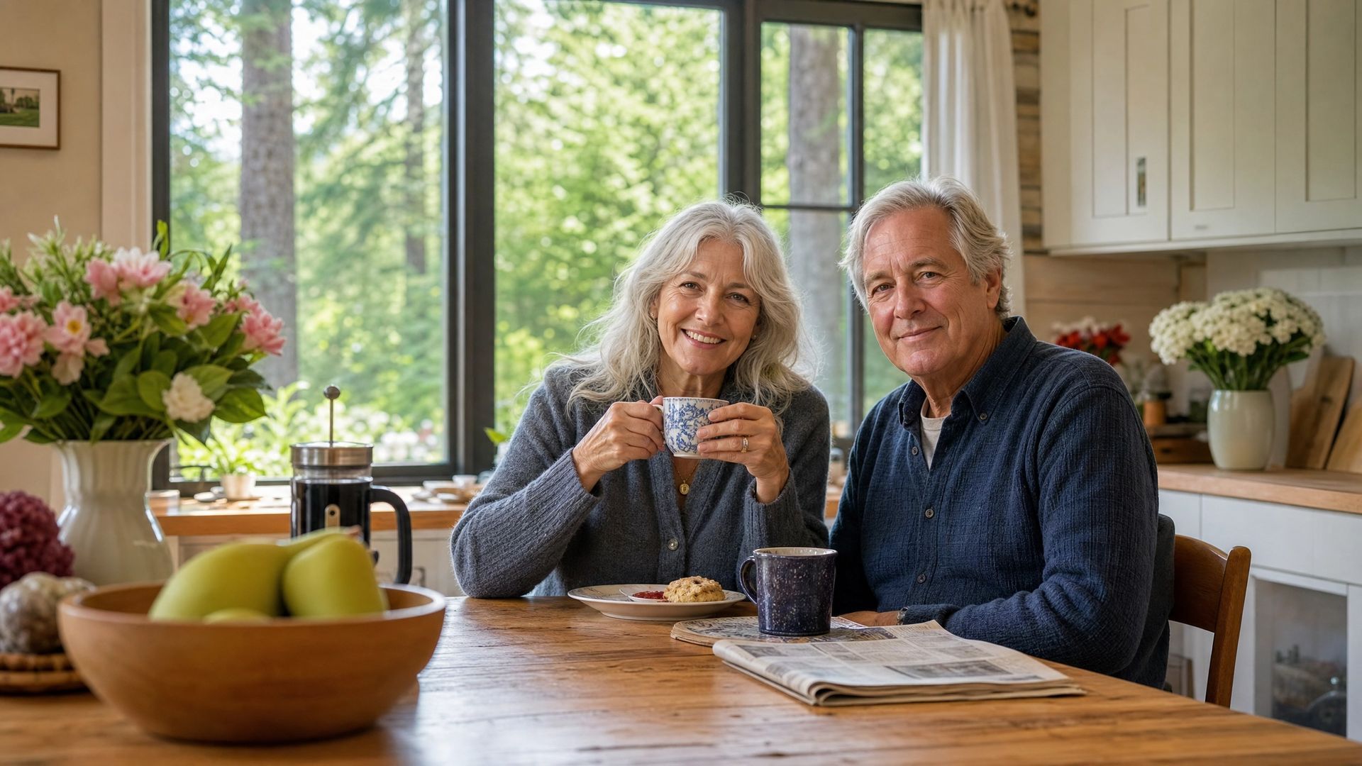 Two people sitting at a kitchen table, smiling with coffee and fruit by a sunlit window.