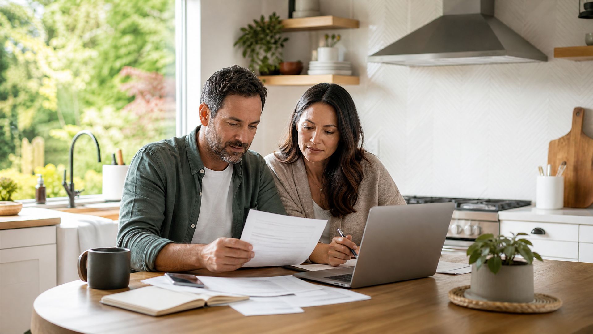 Two people reviewing papers beside a laptop in a bright kitchen