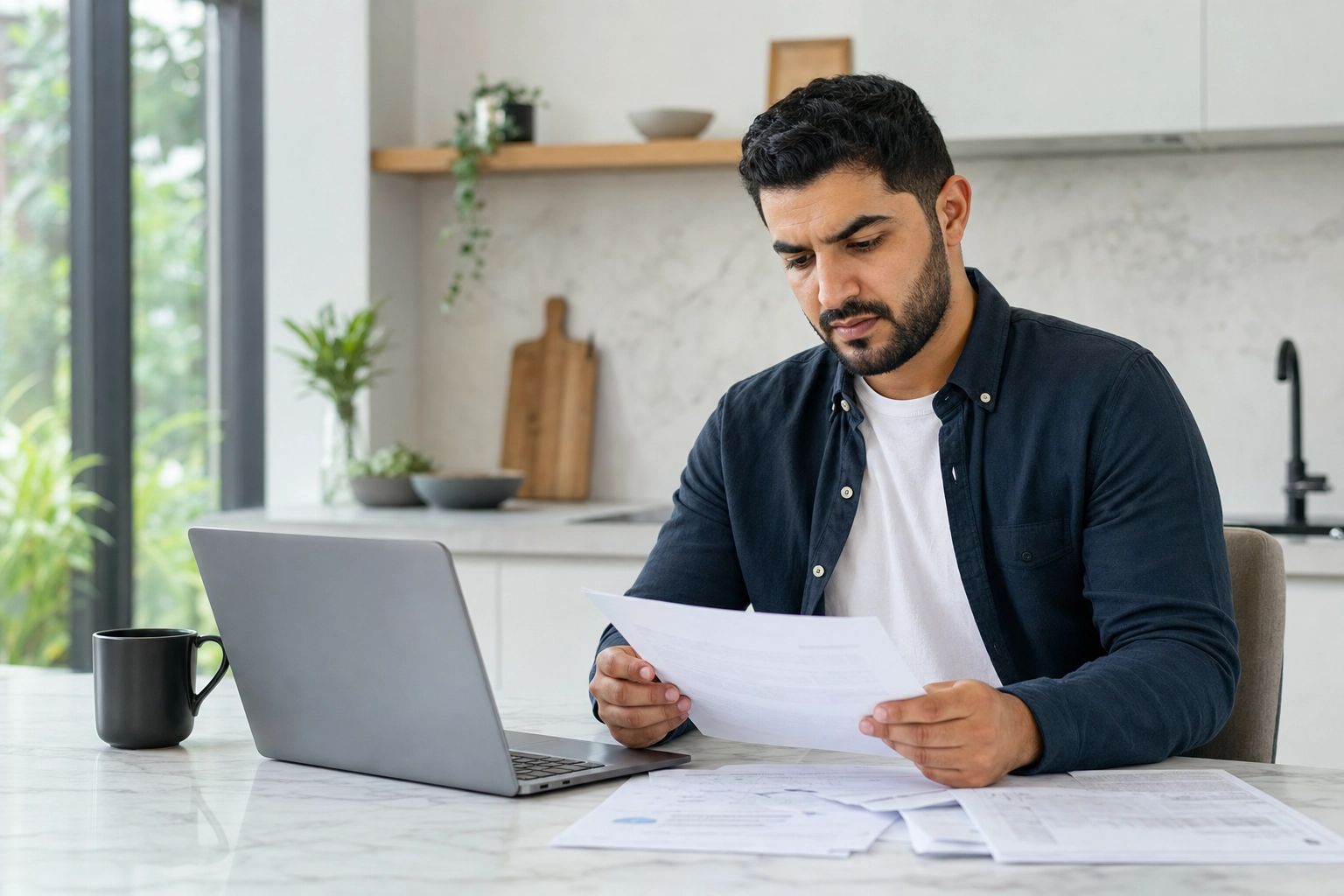 Man reviewing papers at a laptop in a bright kitchen workspace