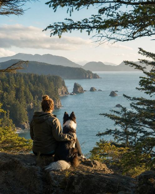Person and dog overlooking a rocky seaside bay at sunset, with forested cliffs and distant islands.