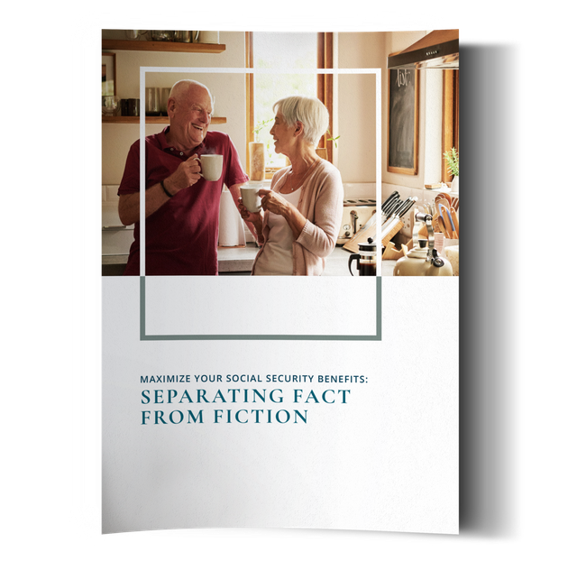 An elderly couple in a kitchen drinking coffee, smiling, with a book titled "Separating Fact from Fiction."
