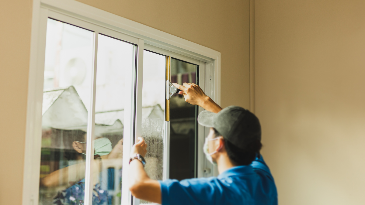 Person applying window film to glass in a room with beige walls; he wears a hat and mask.