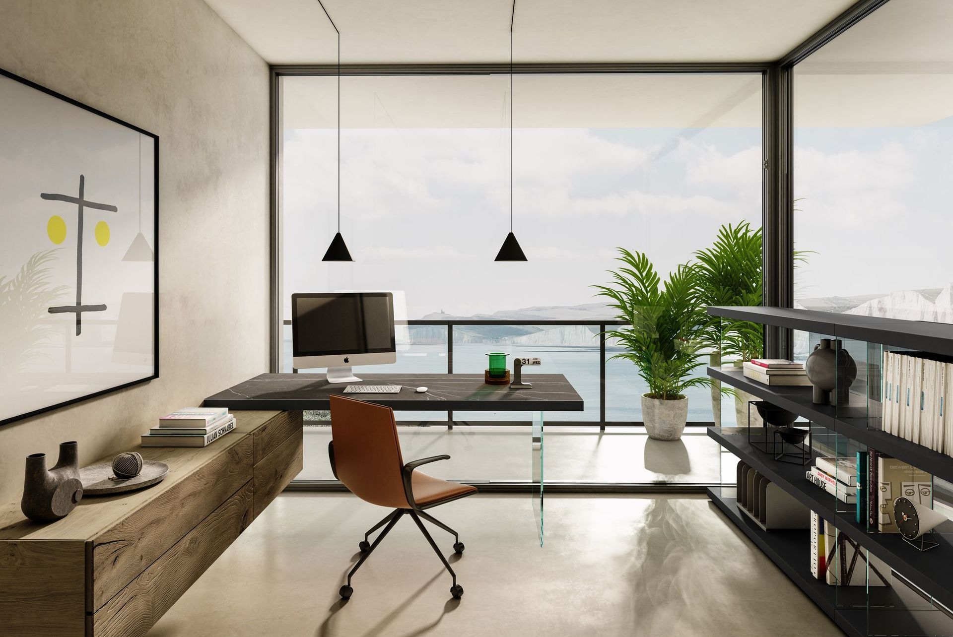 A home office with a desk and chair and a large window