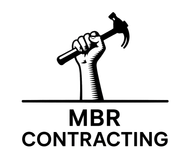 Black-and-white MBR Contracting logo with a raised hand holding a hammer above the company name.