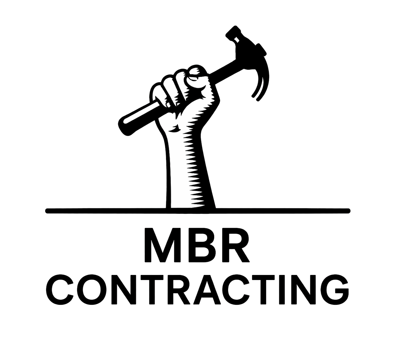 Black-and-white MBR Contracting logo with a raised hand holding a hammer above the company name.