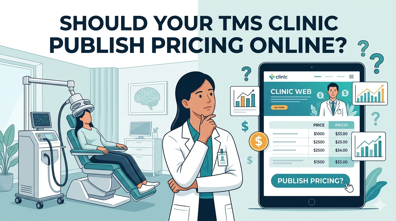 TMS clinic illustration with clinician, patient in treatment chair, and a pricing dashboard asking if prices should be public