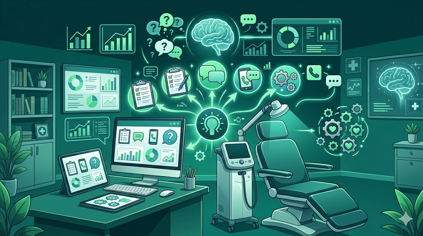 Futuristic teal control room with multiple monitors, medical tech, and holographic AI/data displays