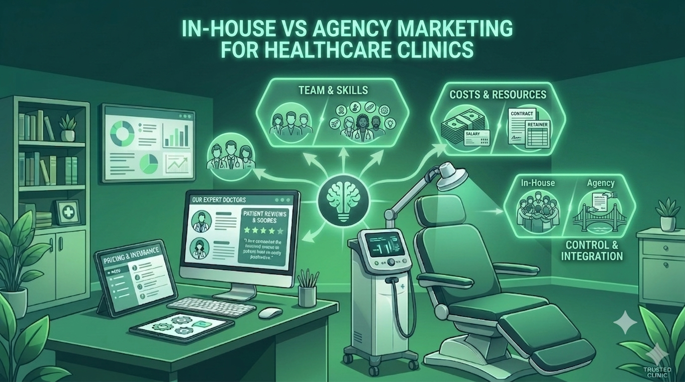 Green-toned dental clinic marketing dashboard with computer, icons, and treatment chair; “in-house vs agency” comparison banner