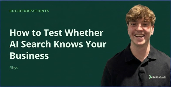 Green promo graphic for Build for Patriots: “How to Test Whether AI Search Knows Your Business” with smiling speaker on right