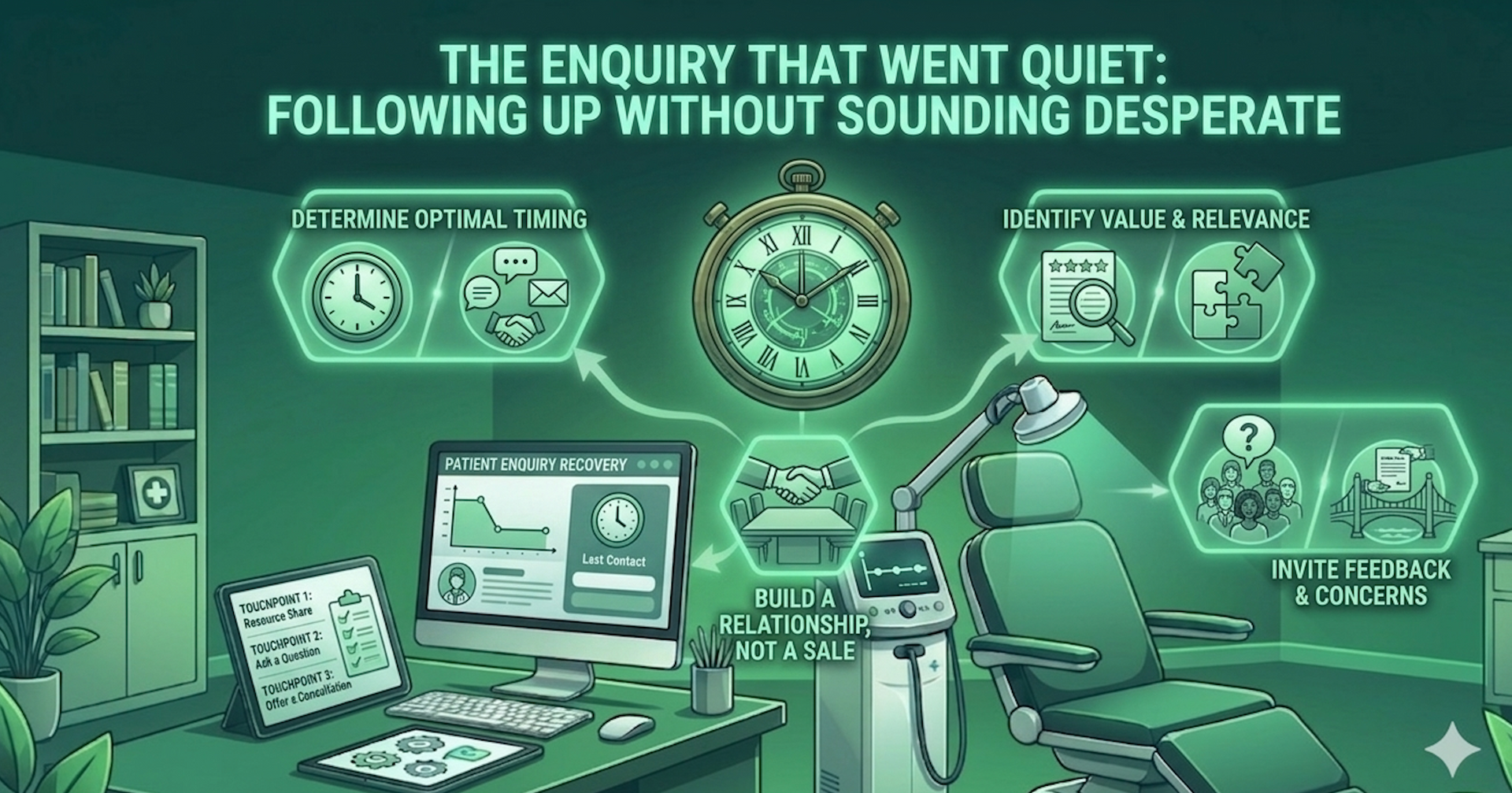 Green-toned office investigation scene with computer screens, charts, and a seated person at a desk