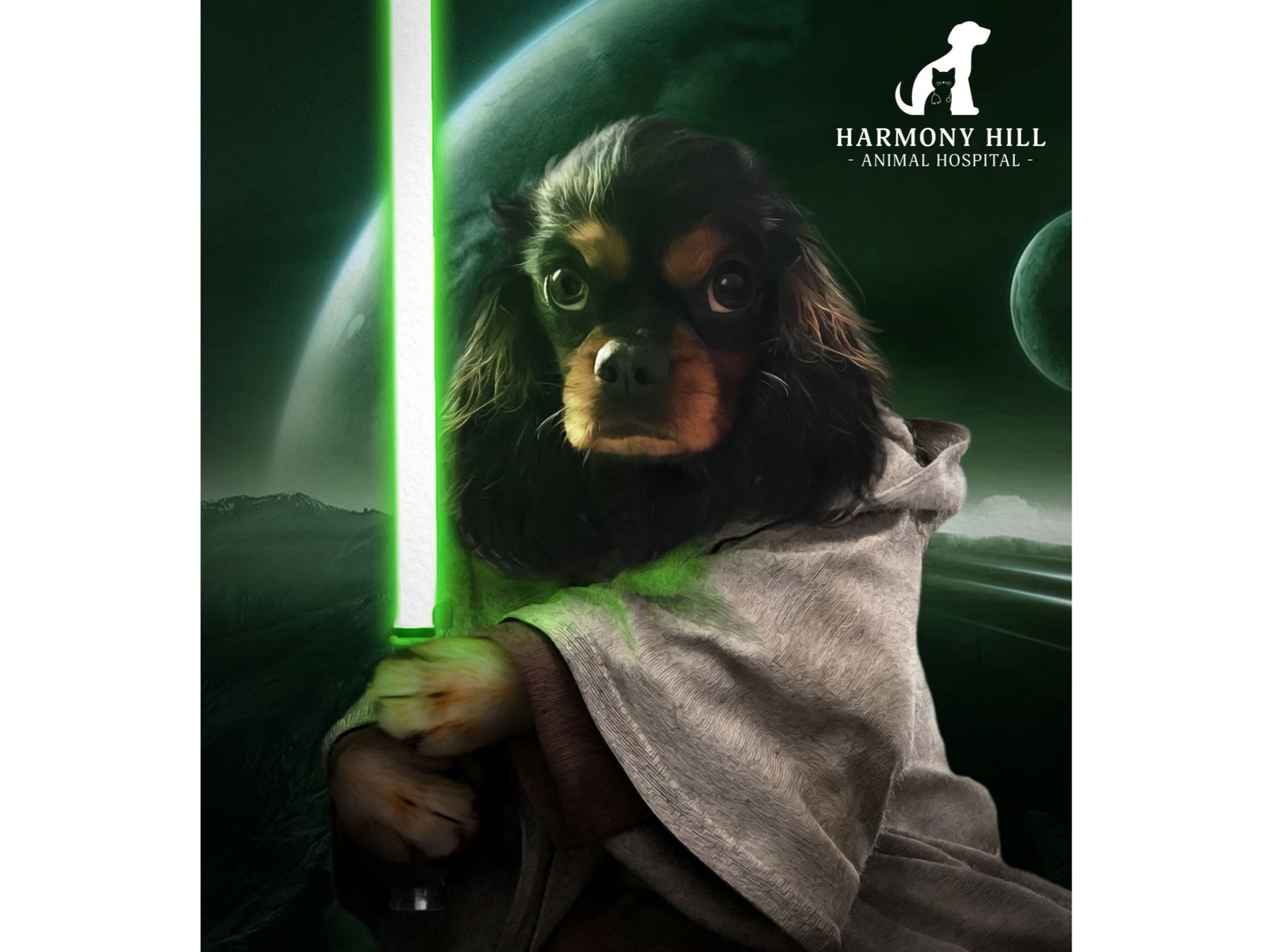 A dog is wearing a cape and holding a green light saber.