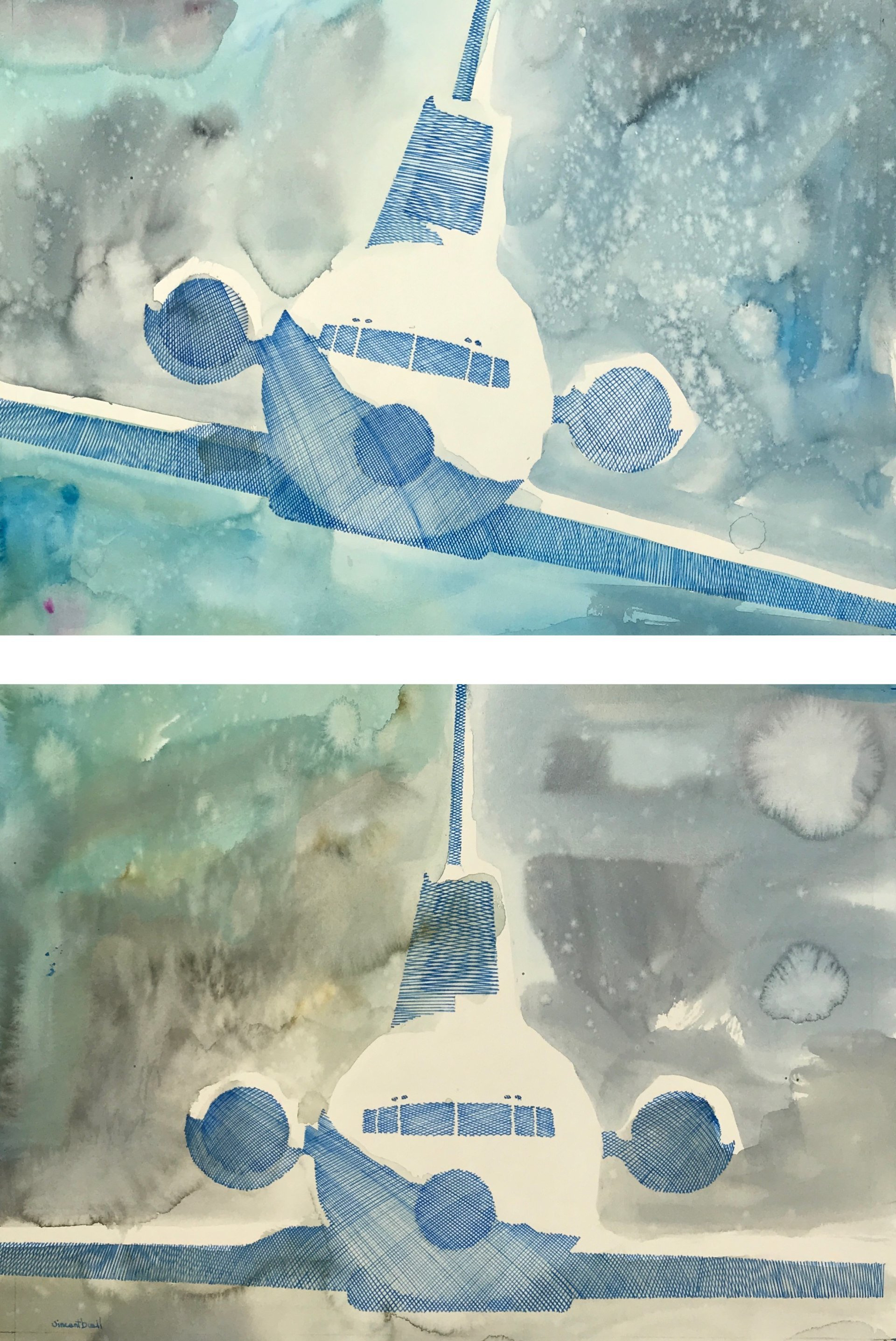 A blue and white painting of an airplane flying in the sky
