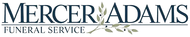 Mercer Adams Funeral Service logo with gray serif text and olive branch graphic