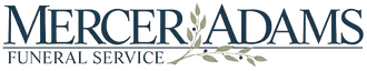 Mercer Adams Funeral Service logo with gray serif text and olive branch graphic