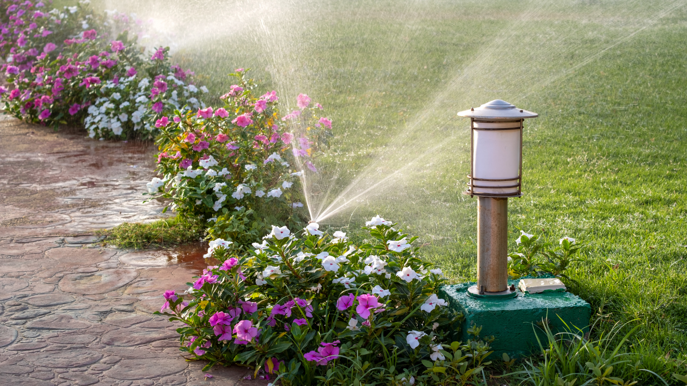 A sprinkler is spraying water on a flower bed in a garden.