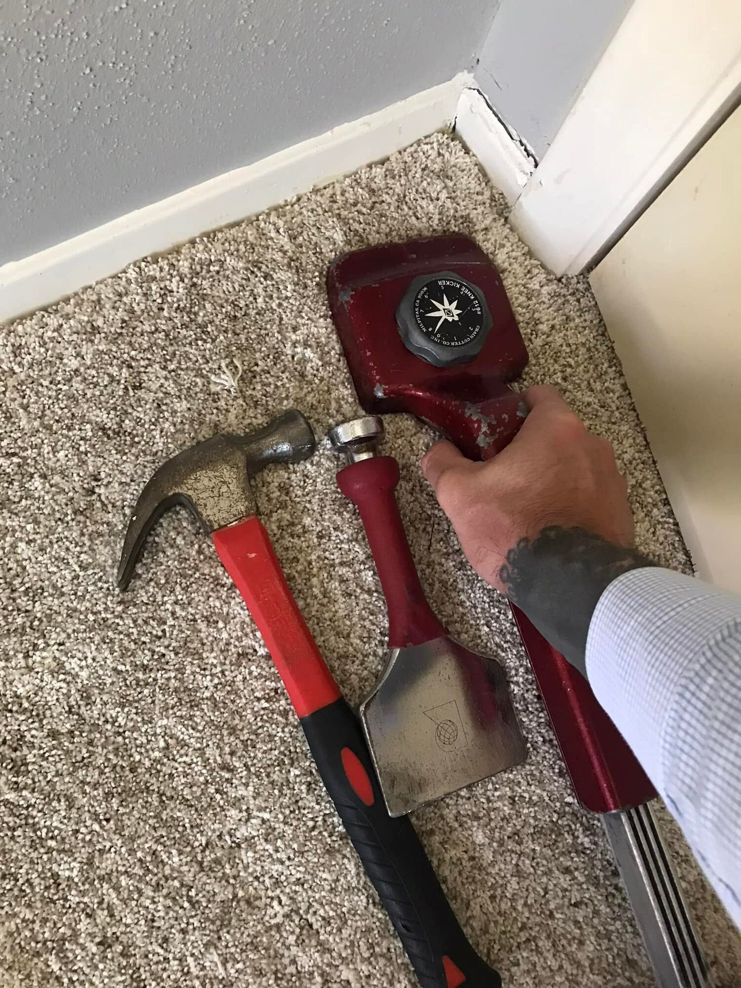 A person is holding a hammer and a spatula on a carpet.