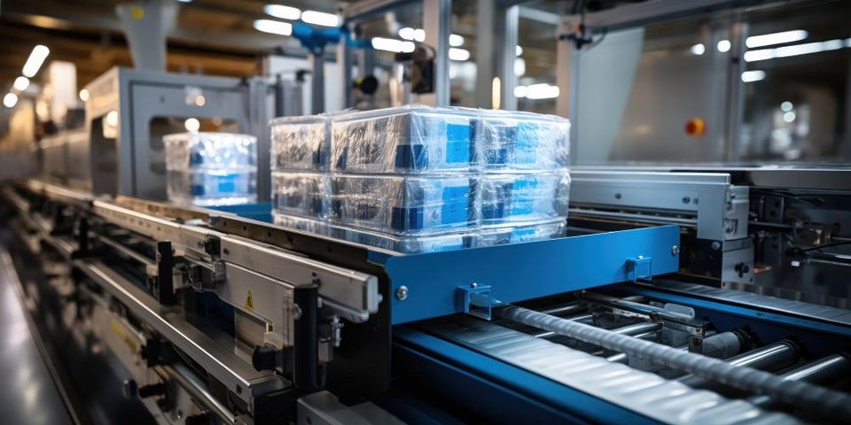 Cinta transportadora de fábrica con mercancías envasadas.