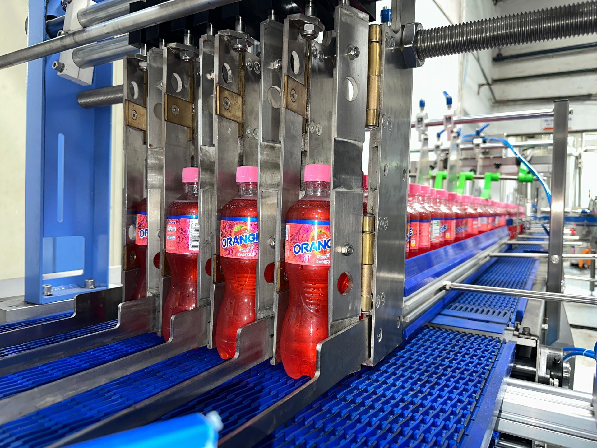 Botellas de refresco rojo se cargan en cajas azules mediante una máquina automatizada en una línea de montaje de una fábrica.