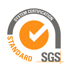 Logotipo de certificación del sistema estándar SGS: marca de verificación naranja en un círculo, arco gris con el texto 