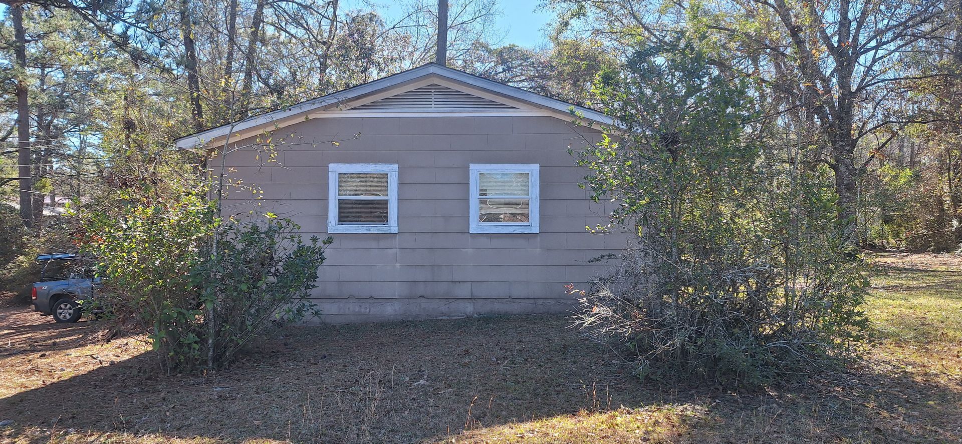 Small beige house with two front windows, surrounded by trees and shrubs in a wooded yard.
