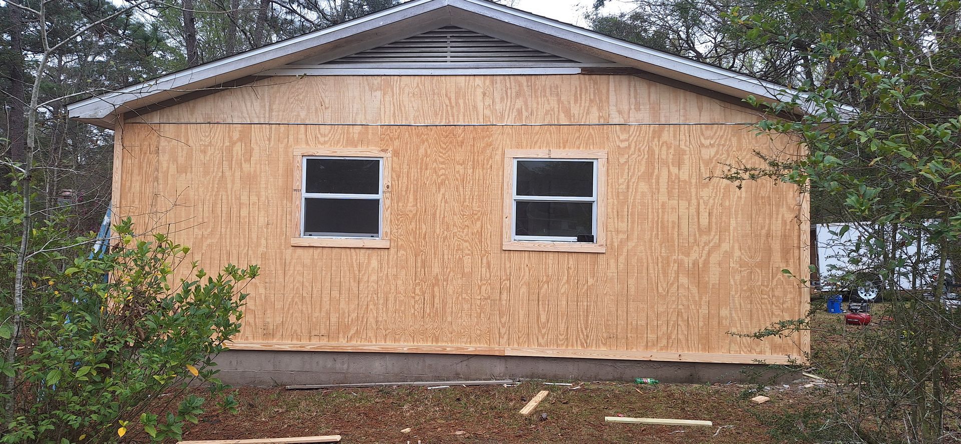 Small boarded-up house with plywood-covered front and two windows, surrounded by trees