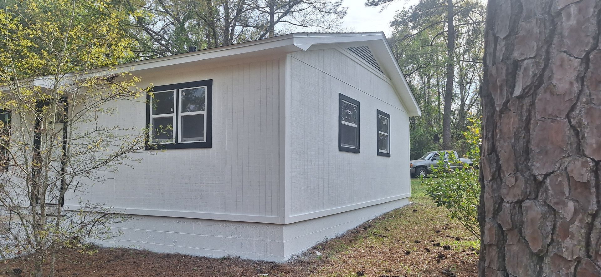 White small house with dark windows beside trees, viewed from the side in a wooded area