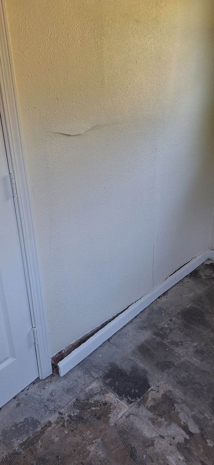 White textured wall with a peeled baseboard edge and a gray carpeted floor below.