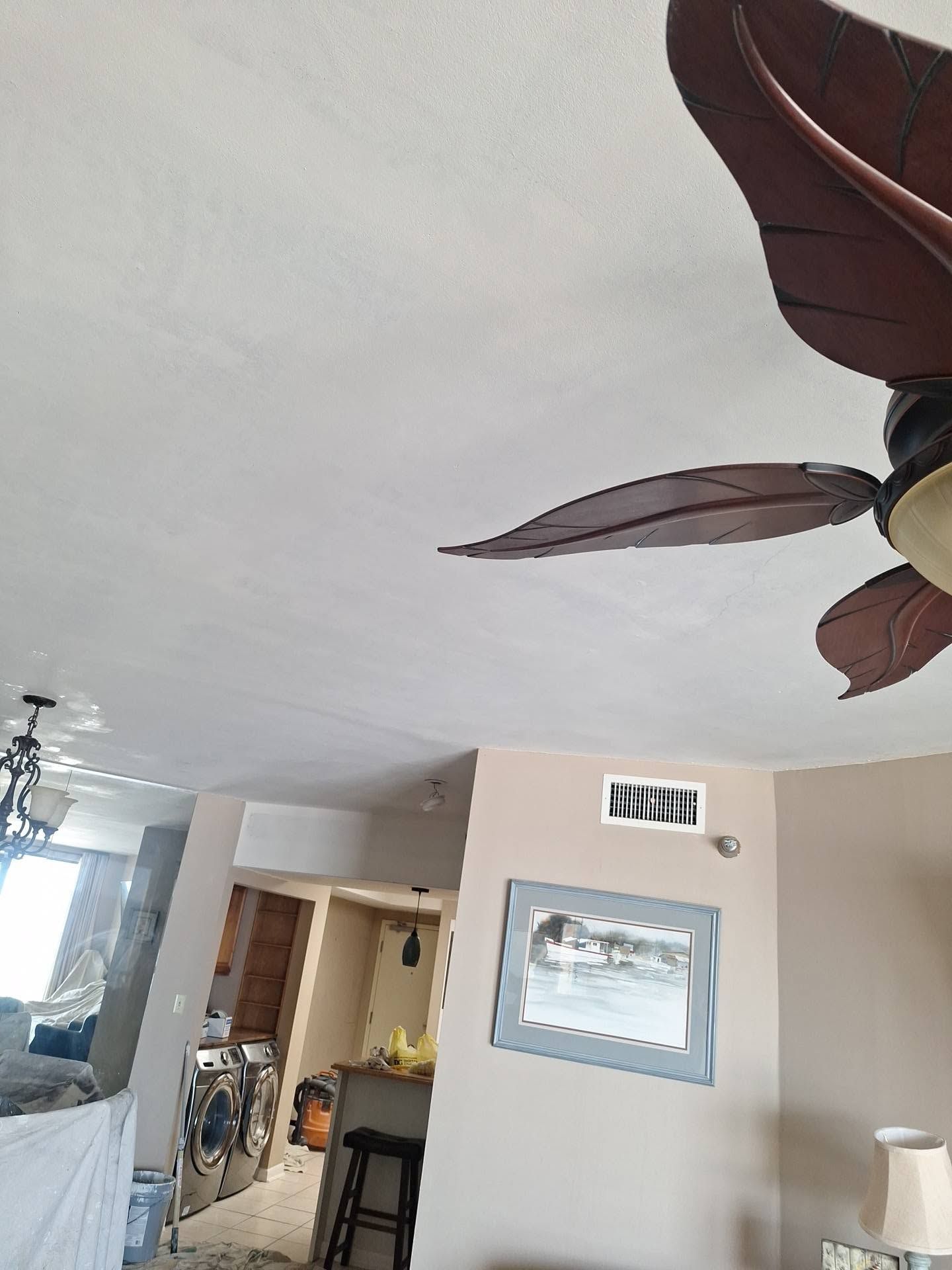 Living room interior with ceiling fan, wall art, and a hallway view toward another room.