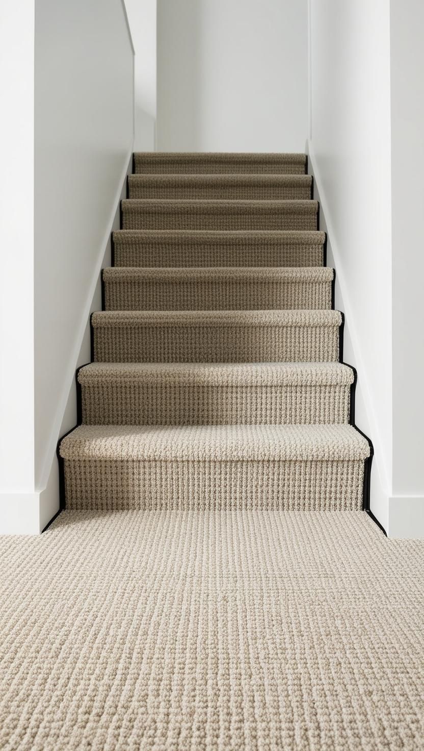 A set of stairs with a carpeted floor and a white wall.