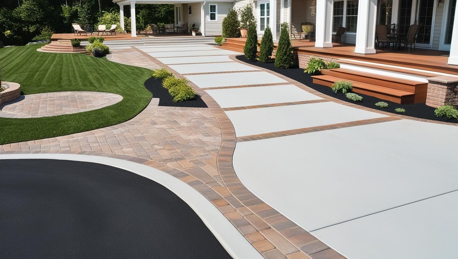 A driveway leading to a house with a lush green lawn