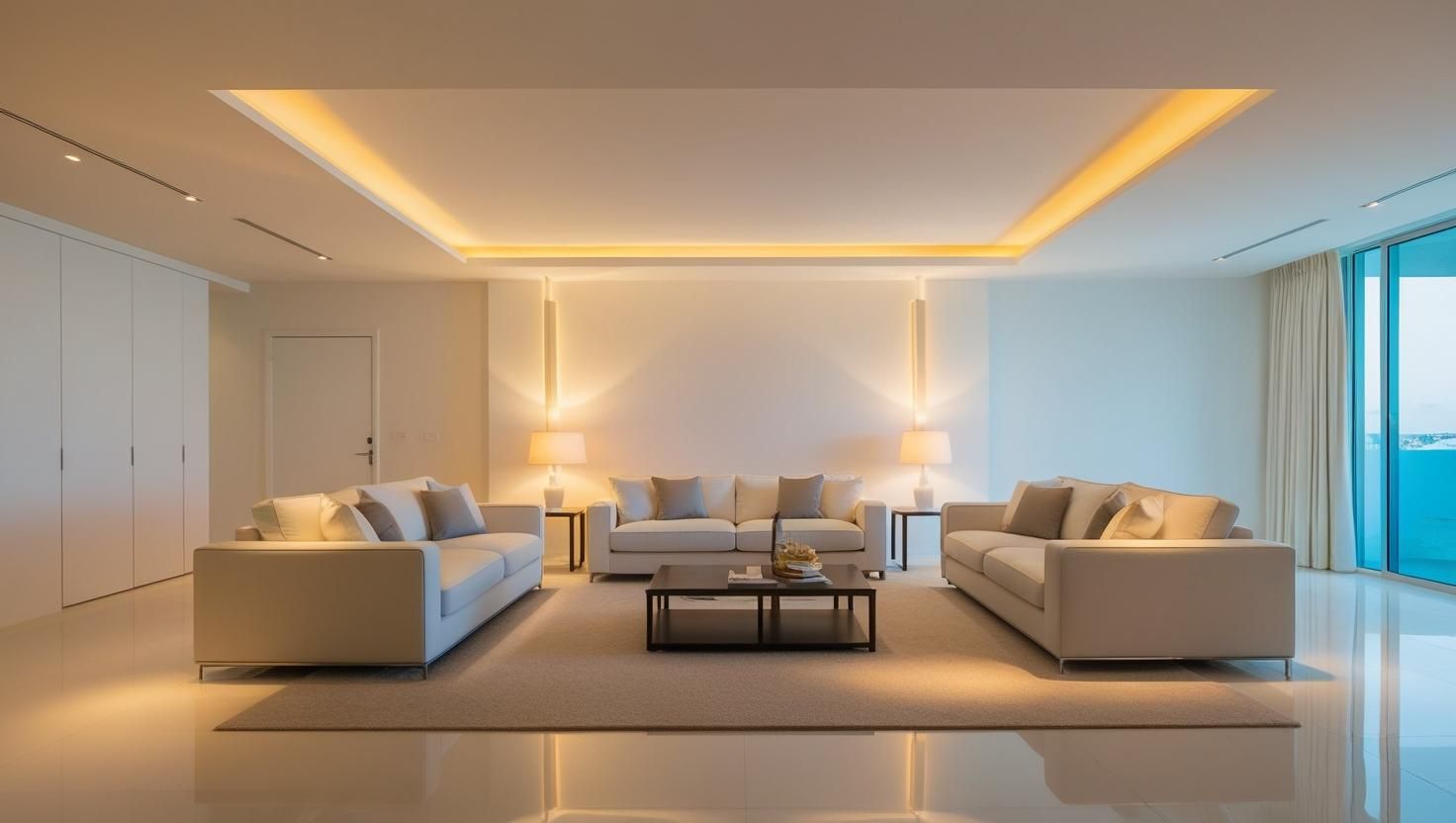 A living room with two couches , a coffee table , and a ceiling light.
