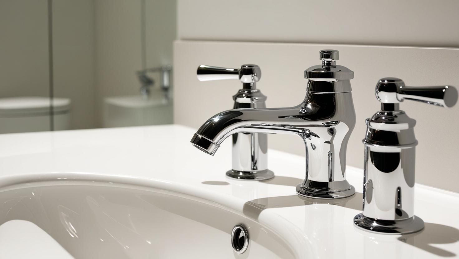 A bathroom sink with three chrome faucets and a toilet in the background.