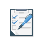 Clipboard with checklist, two boxes checked, blue pen ready to complete task.