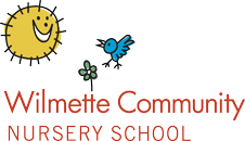 A logo for wilmette community nursery school with a sun , bird and flower