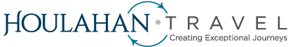 A blue and white logo for houlahan travel