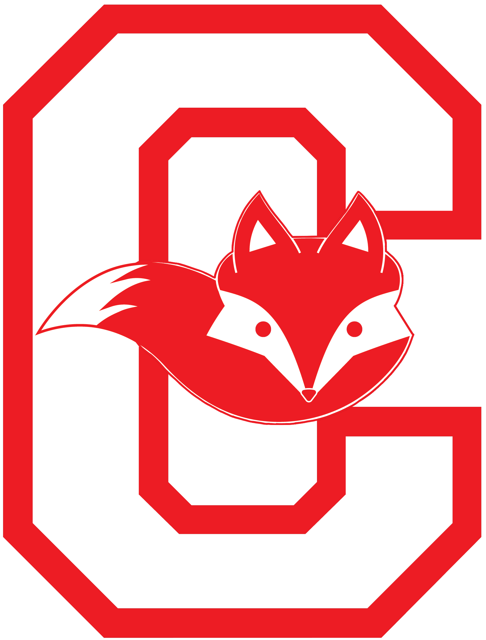 A red letter c with a red fox on it