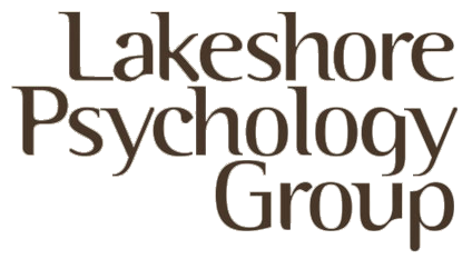 The lakeshore psychology group logo is brown and white on a white background.