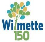 A logo for wilmette 150 with a tree in the middle.