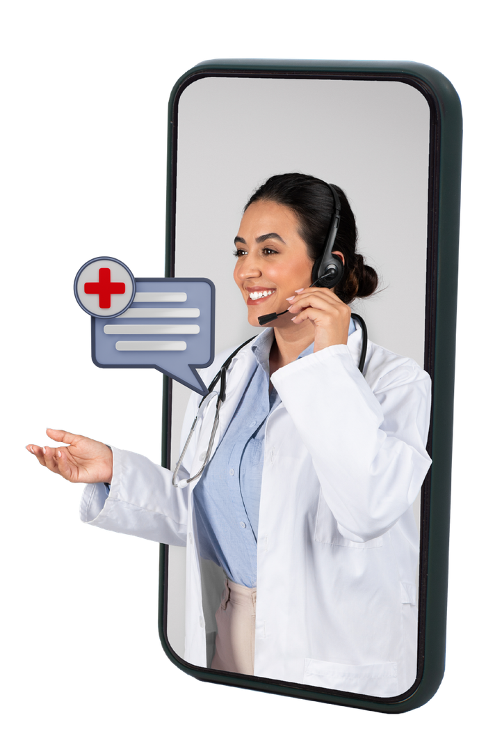 Doctor on a phone screen, wearing a headset, smiling, and gesturing. A speech bubble with a plus sign is present.