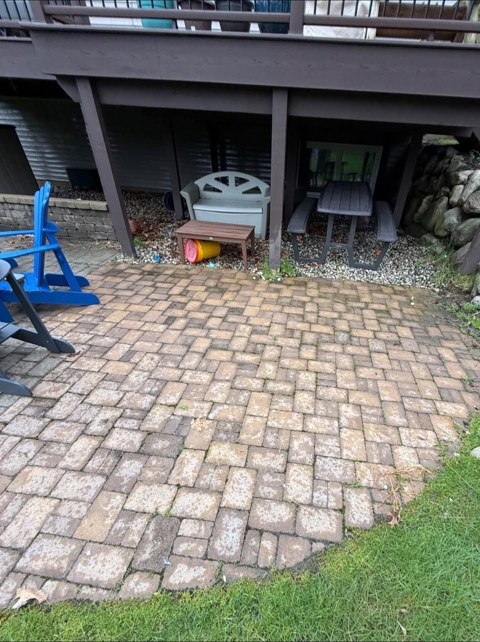 Weathered brick paver patio before Blue Wheel cleaning, re-sanding and sealing in Southwest Michigan