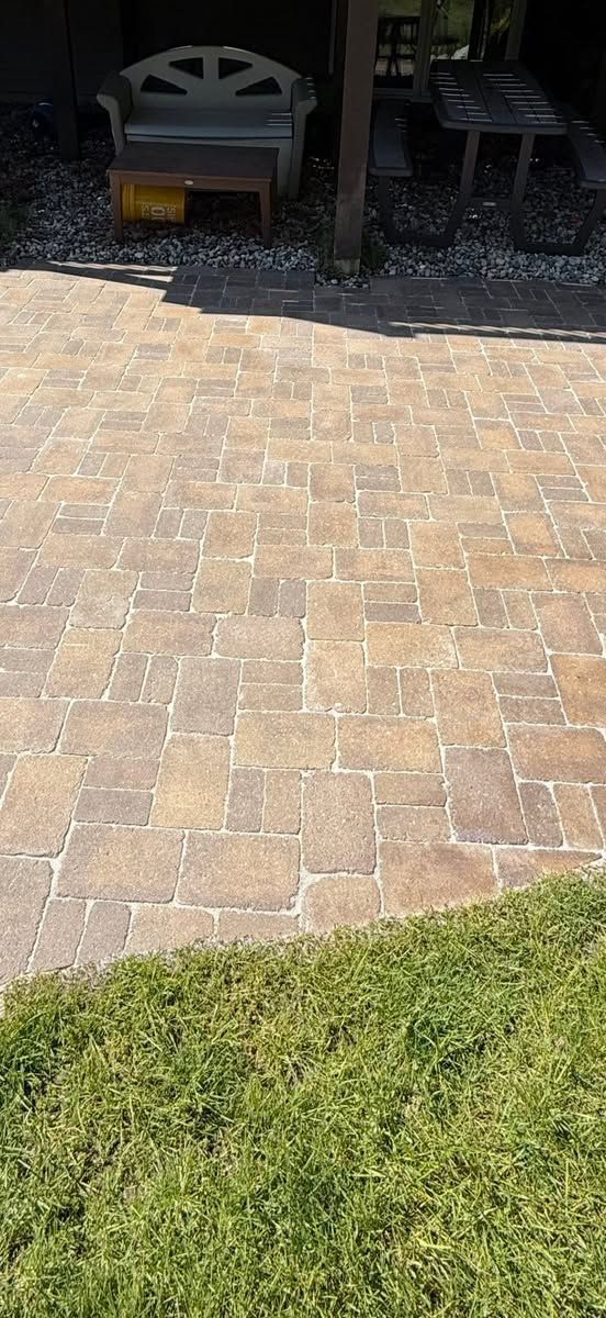 Restored brick paver patio after Blue Wheel cleaning, re-sanding and Trident sealing in Southwest Michigan