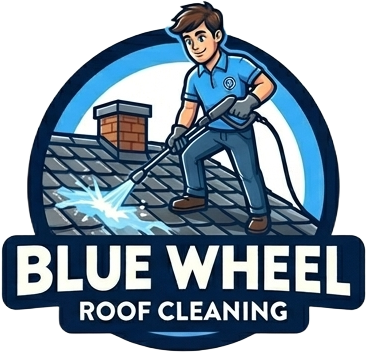 Blue Wheel Roof Cleaning logo with a worker pressure washing a roof in blue and white.