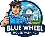 Blue Wheel House Washing logo with smiling worker, thumbs-up, and house being sprayed with water