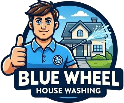 Blue Wheel House Washing logo with smiling worker, thumbs-up, and house being sprayed with water