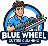 Blue Wheel Gutter Cleaning logo with smiling worker cleaning gutters holding leaves and debris