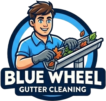 Blue Wheel Gutter Cleaning logo with smiling worker cleaning gutters holding leaves and debris