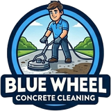 Blue Wheel Concrete Cleaning logo with a worker pressure washing concrete in a blue circular emblem